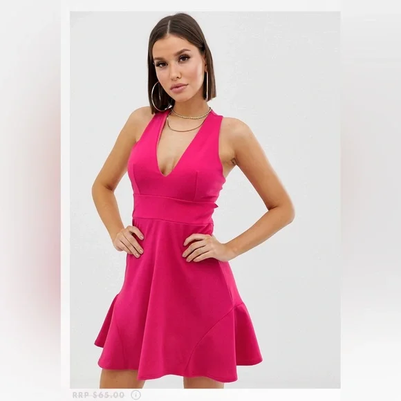 skater dress cut out back Lace Yoke Open Back Skater Dress In BLACK